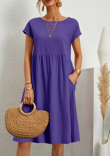 Summer Short-sleeved Dress With Pockets Fashion Solid Round Neck A-line Dresses For Women Clothing