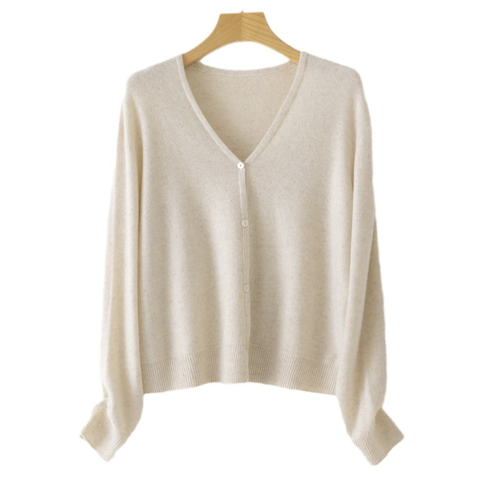 Women's Double Face Wool Leather V-neck Long-sleeved Knitted Cardigan