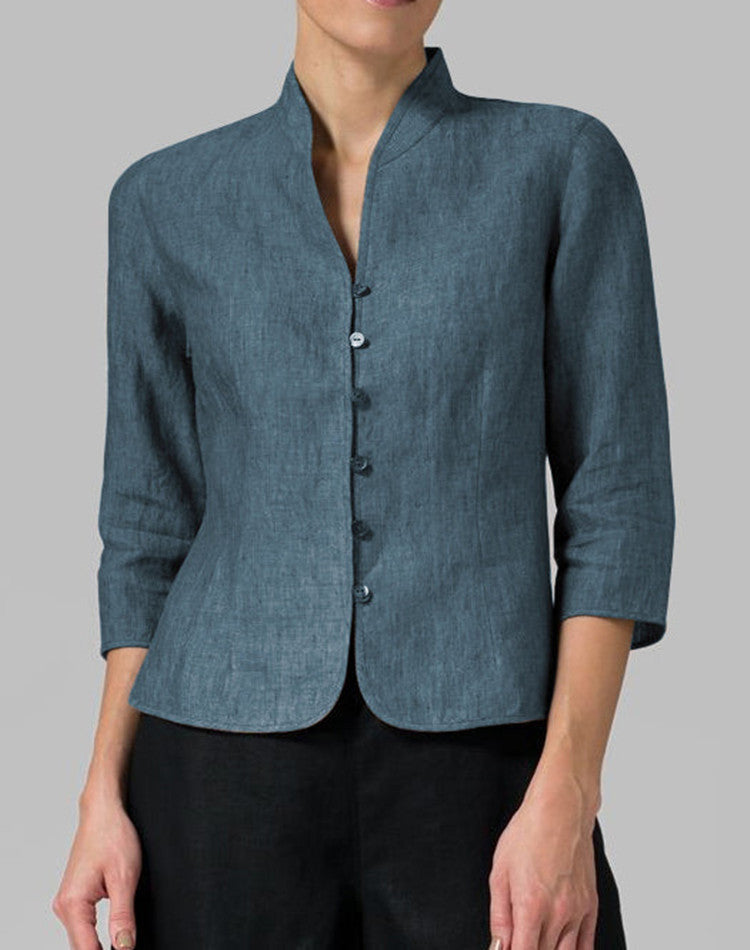 Slim Three-quarter Sleeve Button Jacket INS Fashion V-neck Stand Collar Outwear Tops Solid Color Clothing For Women