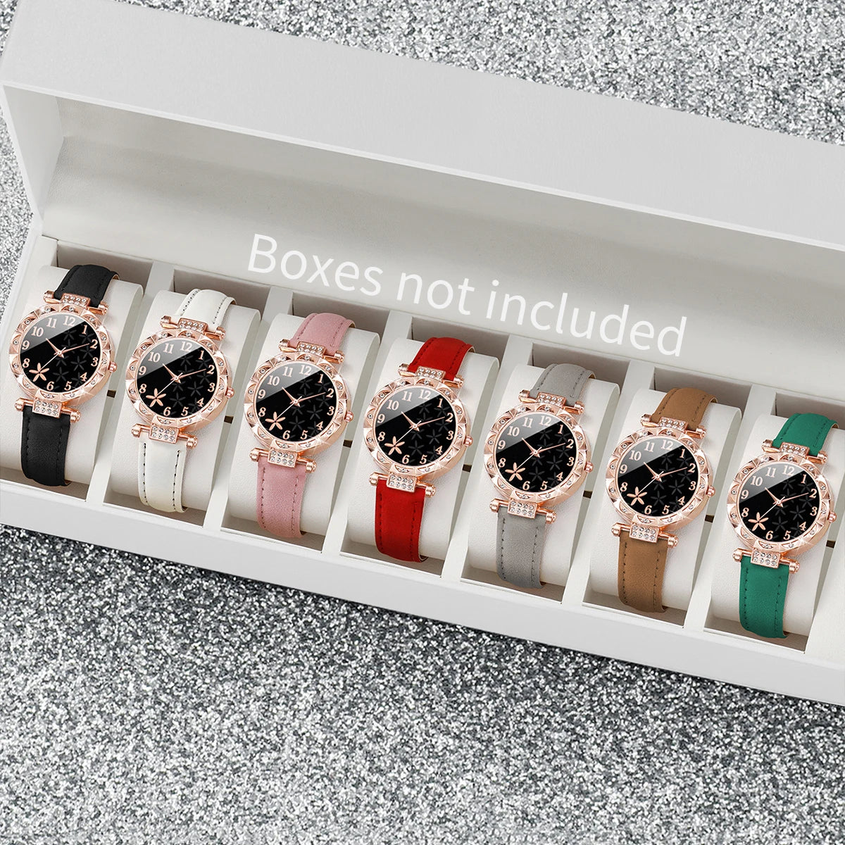 7PCS/Set Fashion Rhinestone Women's Watch Leather Band Female Quartz Watches (Without Box)