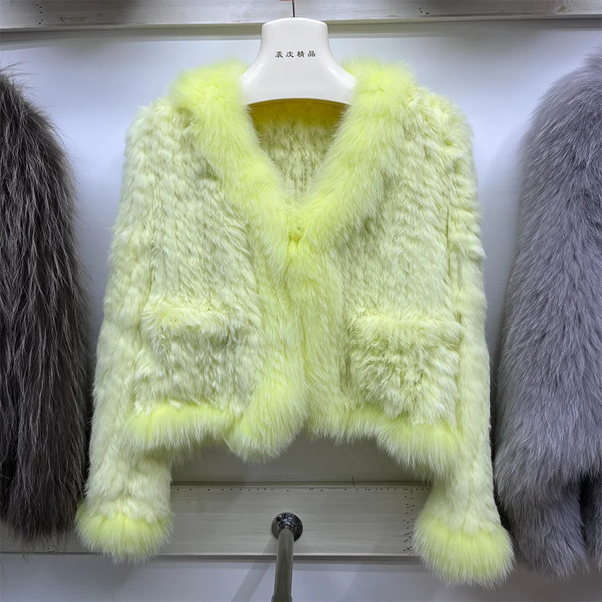 2023 Natural Rabbit Fur Coats Knitted Women's New Real Fox Fur Jackets Luxury Woman Clothing