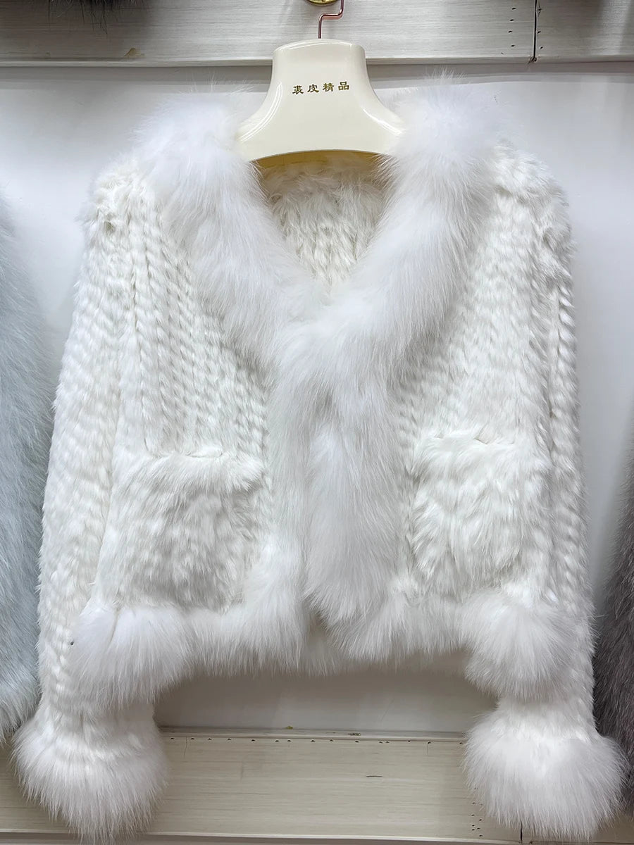 2023 Natural Rabbit Fur Coats Knitted Women's New Real Fox Fur Jackets Luxury Woman Clothing