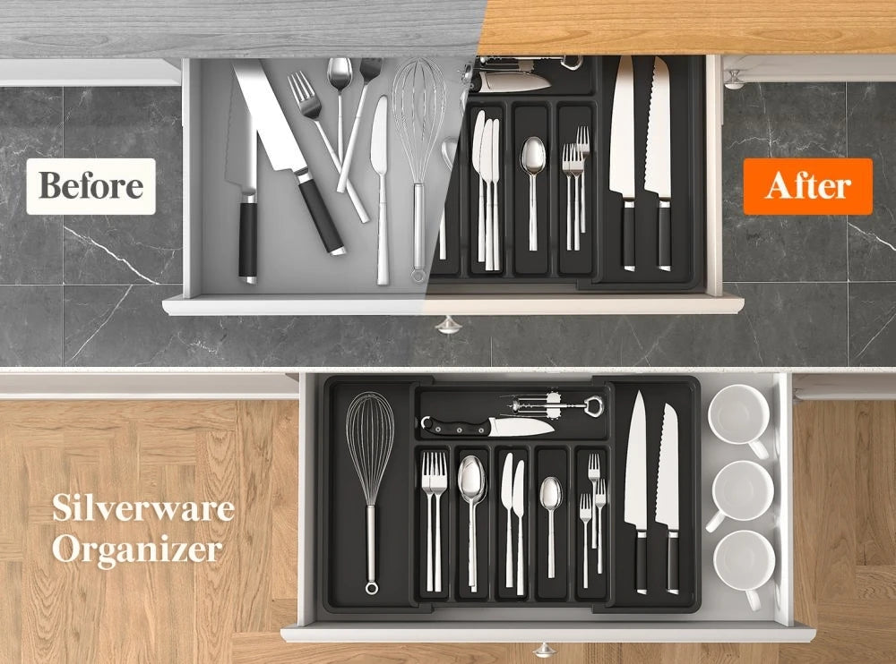 Silverware Drawer Organizer Expandable Utensil Tray for Kitchen Adjustable Flatware and Cutlery Holder Black Cutlery Organiser