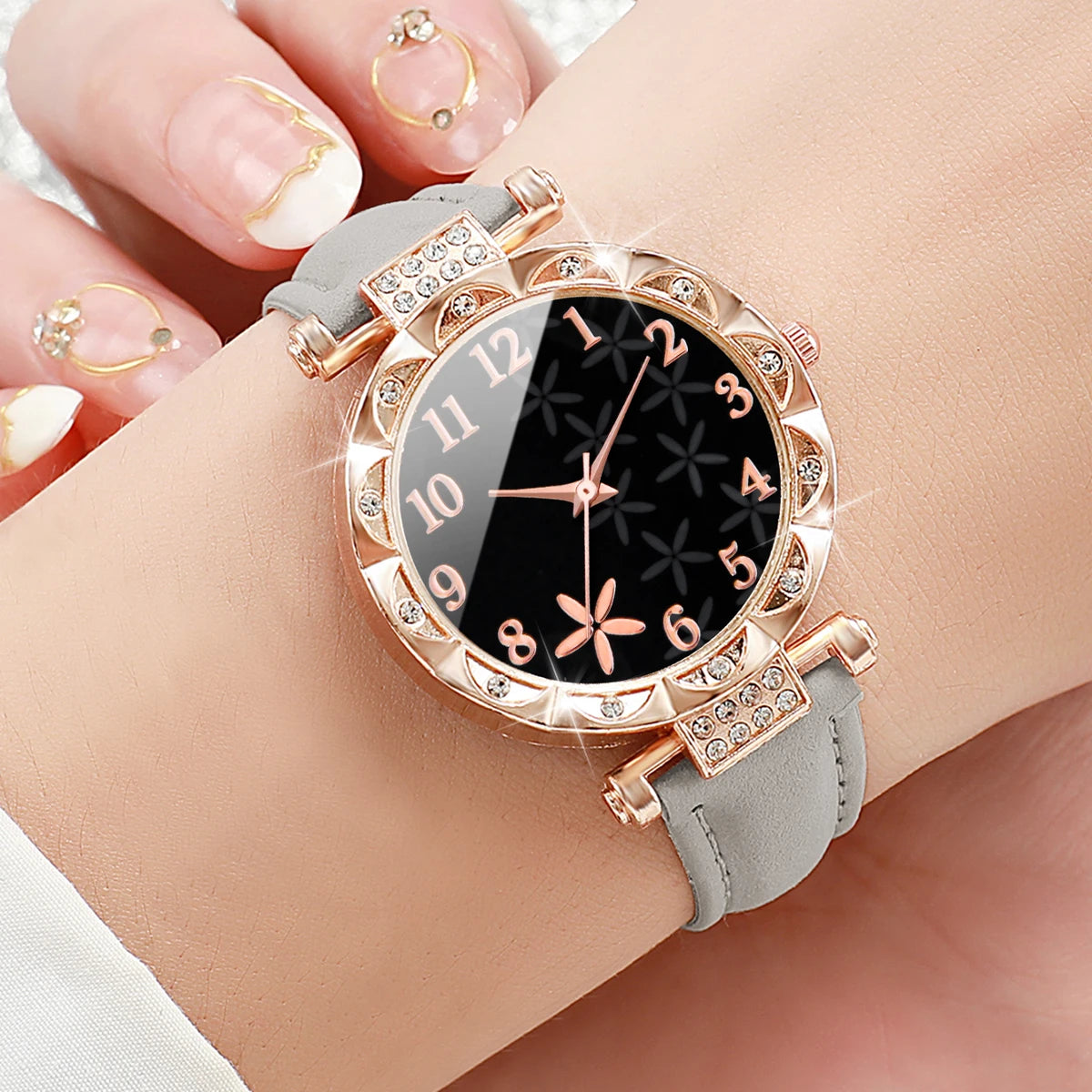 7PCS/Set Fashion Rhinestone Women's Watch Leather Band Female Quartz Watches (Without Box)