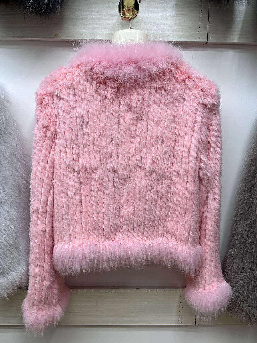 2023 Natural Rabbit Fur Coats Knitted Women's New Real Fox Fur Jackets Luxury Woman Clothing