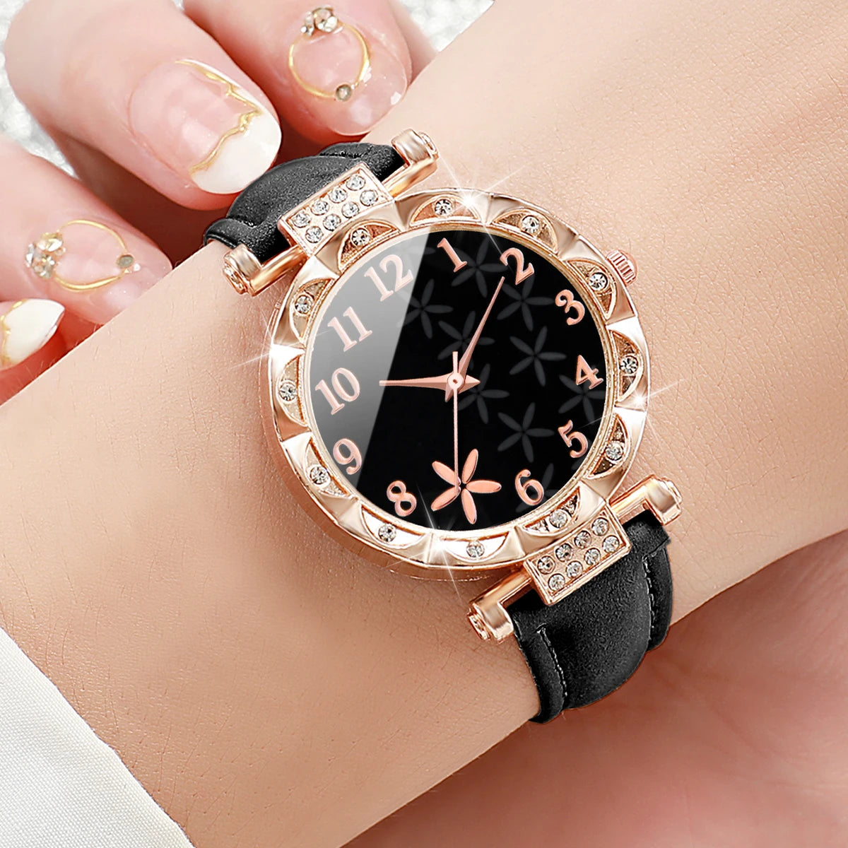 7PCS/Set Fashion Rhinestone Women's Watch Leather Band Female Quartz Watches (Without Box)