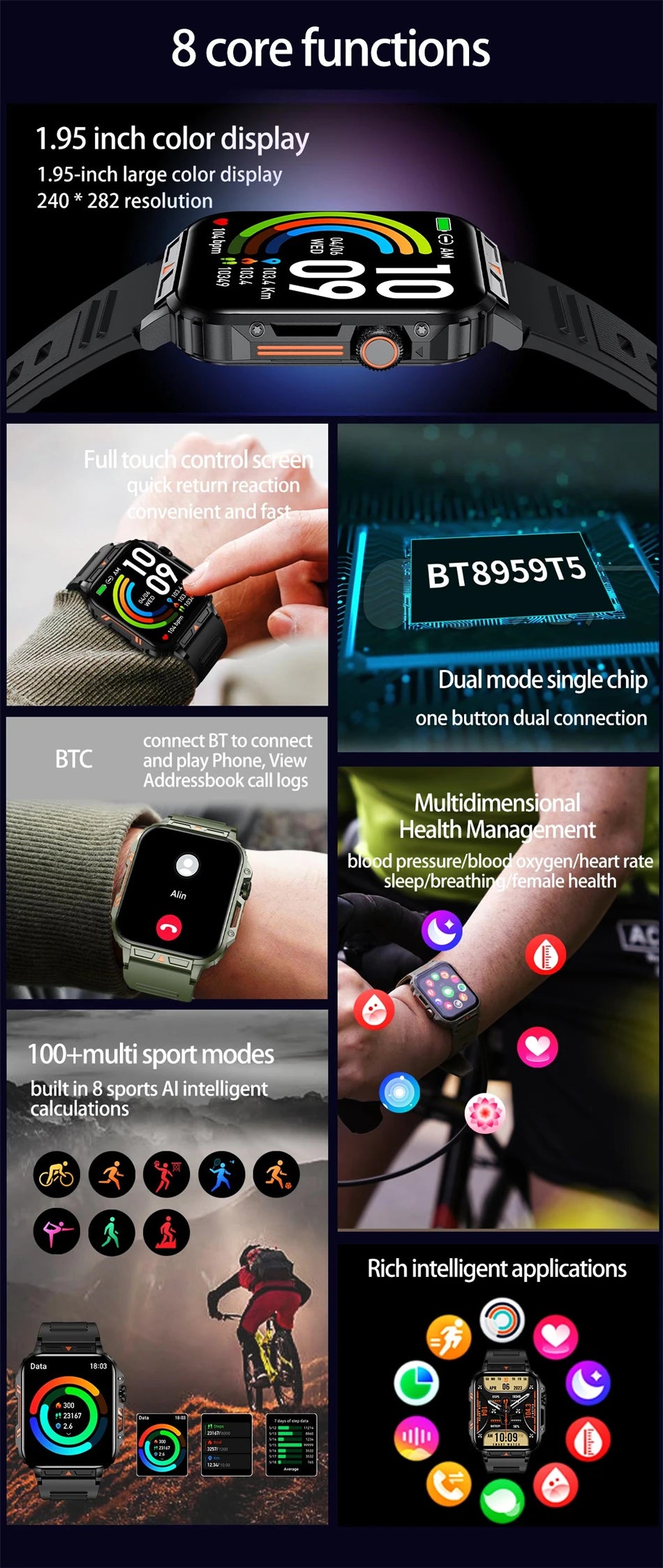 New Smartwatch 1.95 Inch Screen Health Monitoring Watches IP68 Waterproof Sport Fitness Smart Watch For Men Women Reloj Hombre