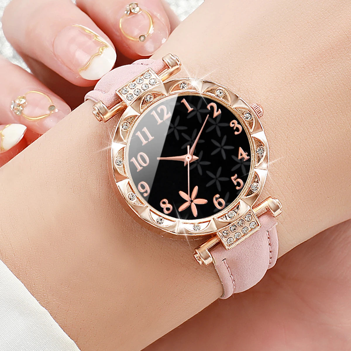 7PCS/Set Fashion Rhinestone Women's Watch Leather Band Female Quartz Watches (Without Box)