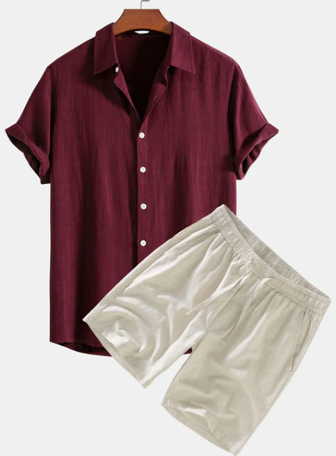 Men's Solid Color Casual Short-sleeved Shirt Shorts Suit