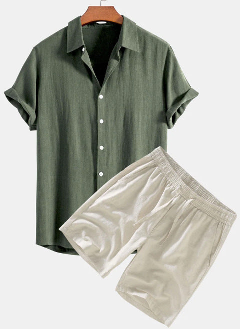 Men's Solid Color Casual Short-sleeved Shirt Shorts Suit