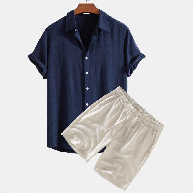 Men's Solid Color Casual Short-sleeved Shirt Shorts Suit
