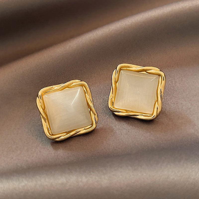 Cat's Eye Flower Earrings High Sense Opal Square Triangle Geometry Earrings