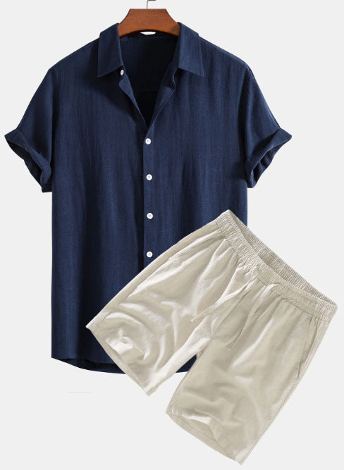 Men's Solid Color Casual Short-sleeved Shirt Shorts Suit